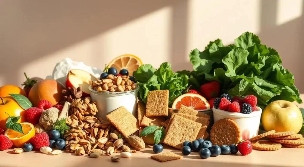 Assorted healthy snacks for blood sugar control including nuts, vegetables with hummus, berries, and Greek yogurt