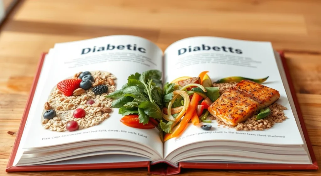 "Flat lay of healthy diabetic-friendly meals including overnight oats with berries, grilled chicken salad, and baked salmon with vegetables on a rustic wooden table.