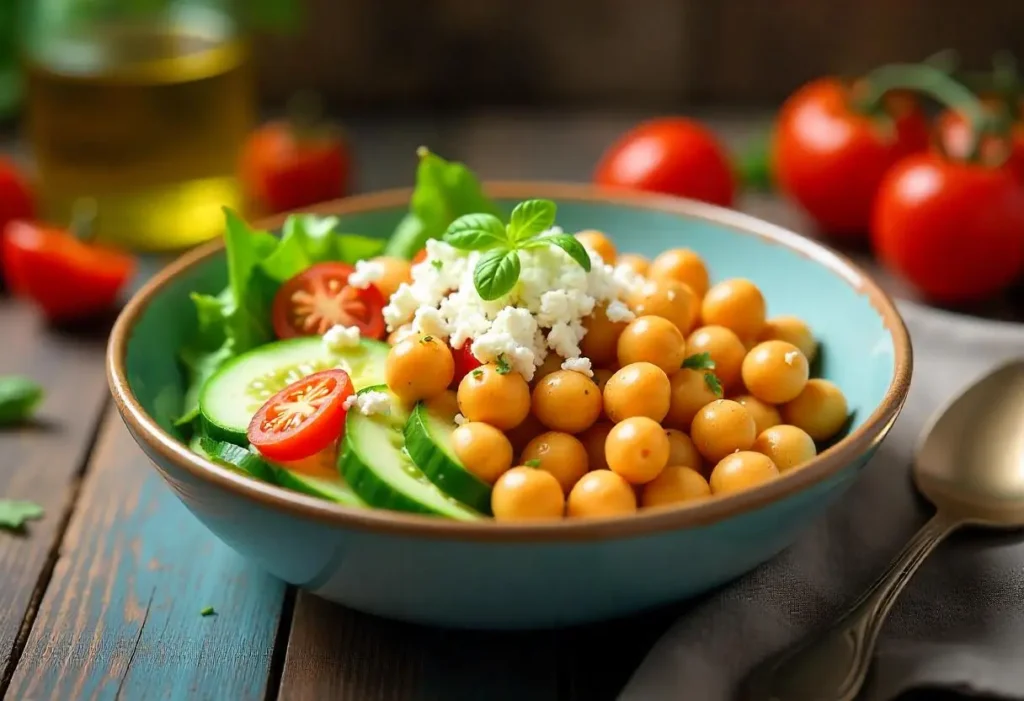 Diabetic-Friendly Lunch: Mediterranean Chickpea Bowl – Quick & Healthy 1 Mediterranean chickpea bowl with cherry tomatoes, cucumbers, feta cheese, and vinaigrette, perfect for a diabetic-friendly lunch.