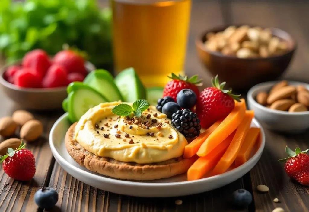 Assorted snacks for blood sugar control including Greek yogurt, berries, nuts, and veggie sticks with hummus on a wooden board.