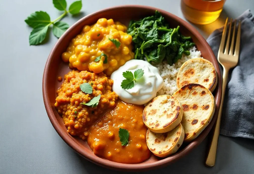 Indian lunch thali for blood sugar control, featuring moong dal, sautéed spinach, brown rice, cucumber raita, and grilled paneer.
