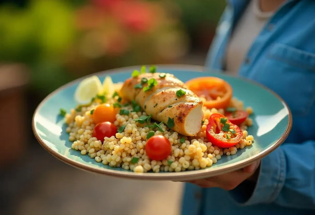 Delicious Diabetic-Friendly Meals Delivered | diabetic food delivery 1 Healthy quinoa and grilled chicken dish, ideal for managing diabetes.