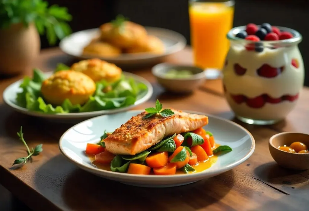 A vibrant spread of low-carb diabetic-friendly dishes, including veggie egg muffins, avocado chicken salad, baked salmon with roasted vegetables, and a Greek yogurt parfait with fresh berries, presented on a rustic wooden table.