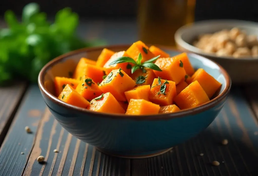 Butternut Squash Recipes Diabetics Will Love 1 rustic bowl filled with roasted butternut squash cubes, seasoned with fresh herbs, placed on a wooden table with warm natural lighting.