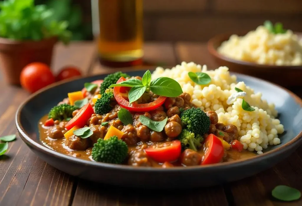 Diabetes-Friendly Ground Beef Meal: Powerful and Healthy Recipe 1 Diabetes-friendly ground beef dish with colorful low-glycemic vegetables like broccoli, bell peppers, and spinach, served with cauliflower rice, avocado, and feta cheese.