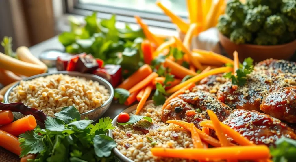 A variety of high-fiber foods including quinoa, lentils, berries, avocado toast, and a smoothie bowl arranged on a wooden table.