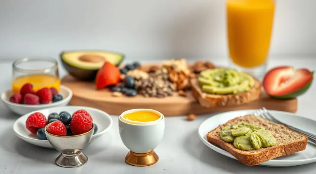 A delicious and healthy diabetic-friendly breakfast with avocado toast, scrambled eggs, and a side of fresh fruit.