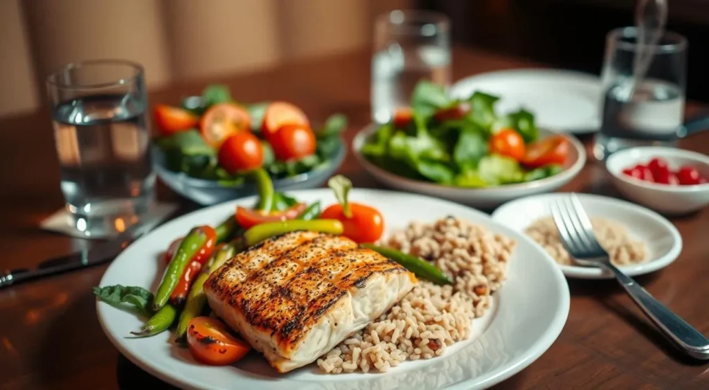 A healthy diabetic-friendly dinner plate with grilled chicken, quinoa, and steamed vegetables.