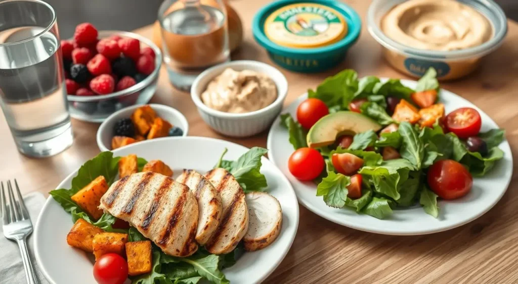 A healthy quinoa bowl with roasted vegetables and chicken.