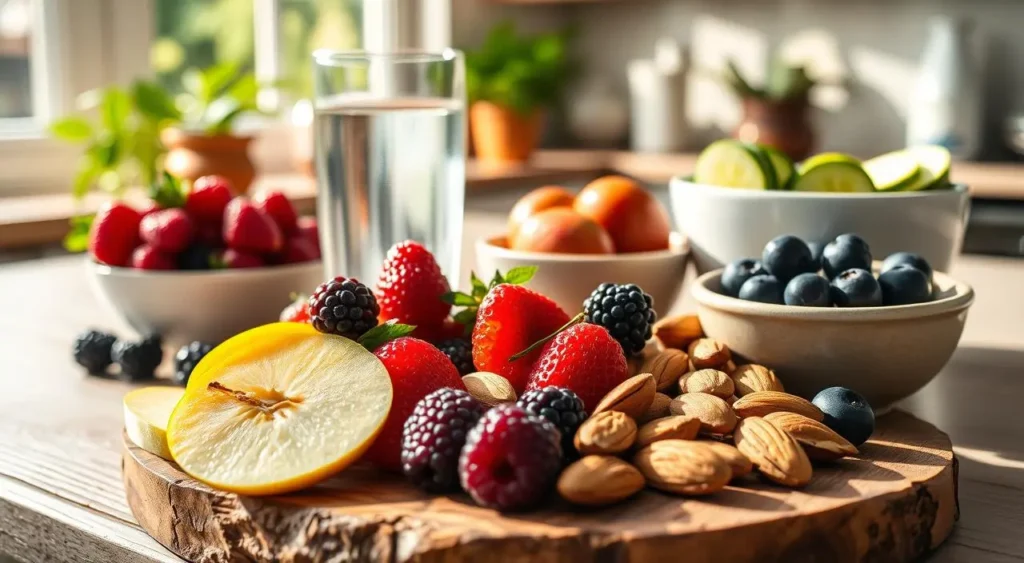 Healthy snacks for blood sugar control, including nuts, seeds, Greek yogurt, and fresh fruits.