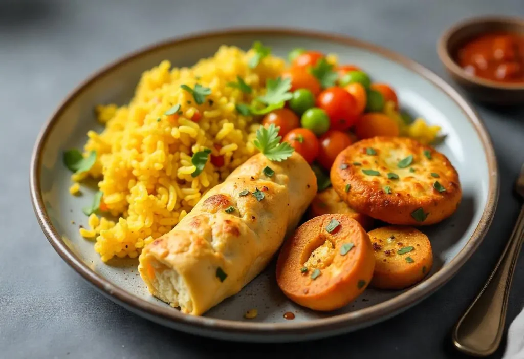 Healthy and Flavorful Indian Lunch for Diabetics: Low-Carb Biryani, Paneer Tikka, Moong Dal Chilla & More 1 A vibrant diabetic-friendly Indian lunch plate with cauliflower rice biryani, paneer tikka salad, moong dal chilla, and cucumber raita, perfect for managing blood sugar levels.