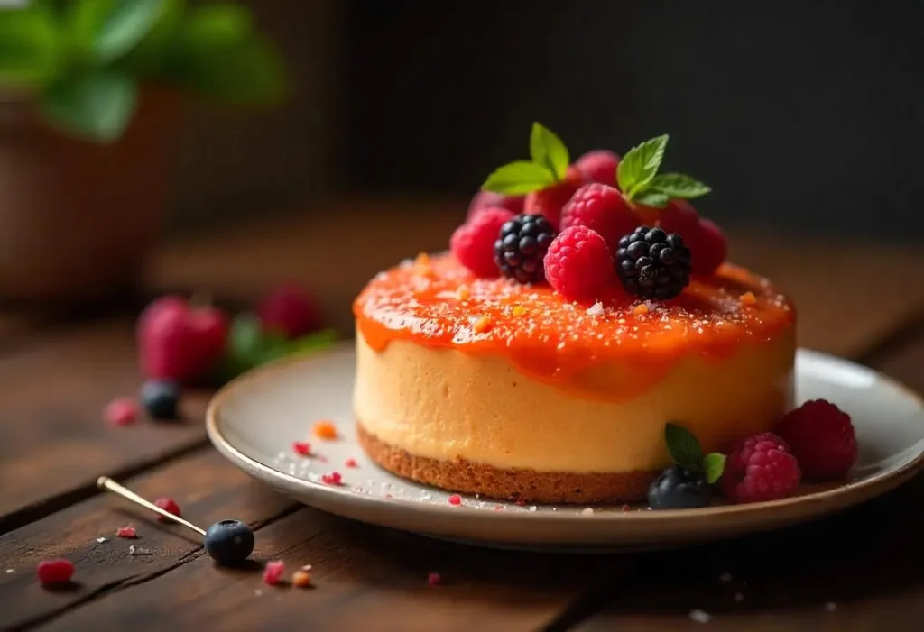 A beautifully decorated diabetic-friendly cake garnished with fresh berries and mint leaves, placed on a rustic wooden table in soft natural light.
