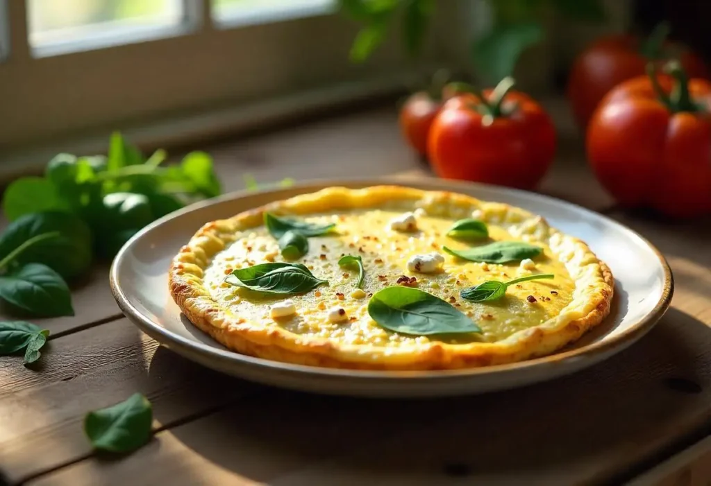 Spinach and feta omelette on a white plate with fresh spinach leaves on the side