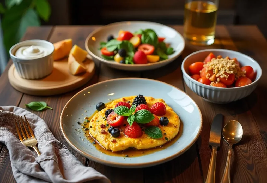 A vibrant diabetes-friendly meal spread featuring overnight oats with berries, savory vegetable frittata, Mediterranean baked fish with vegetables, and berry nut crumble with Greek yogurt on a rustic wooden table.