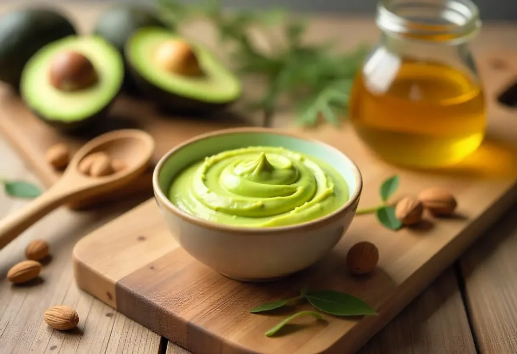 A rustic wooden table displaying healthy butter alternatives including avocado spread, almond butter, olive oil drizzle, and scattered nuts and seeds, all in a bright, natural kitchen setting.