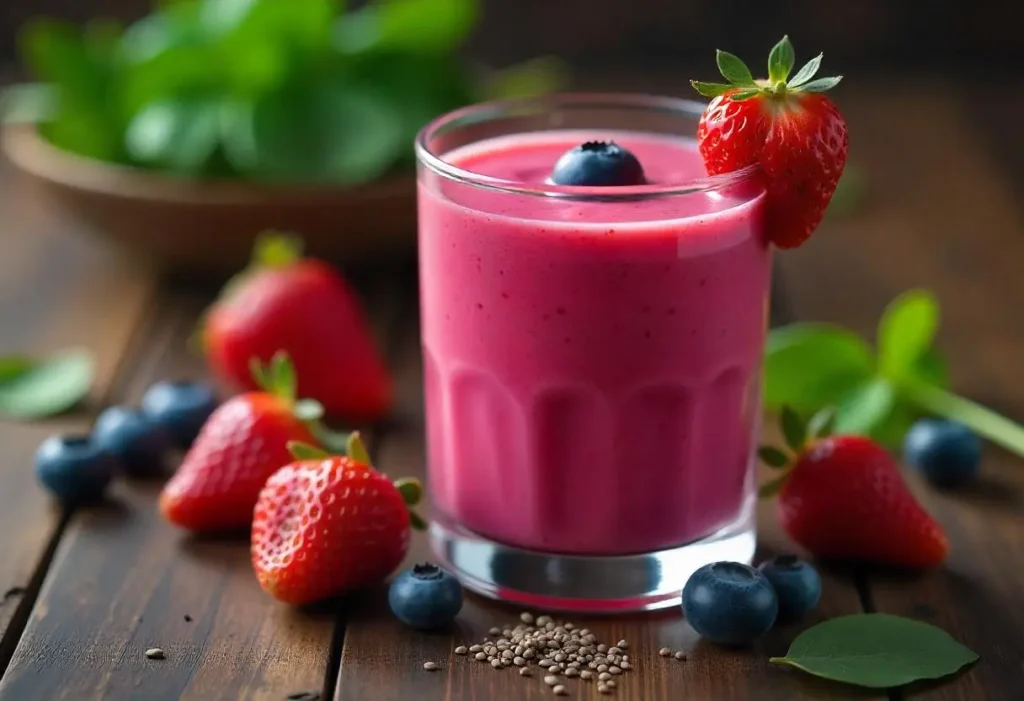 A glass of berry smoothie with fresh strawberries and blueberries on a wooden table, surrounded by chia seeds and spinach leaves — ideal for a diabetic-friendly diet.