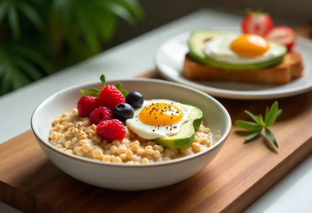 A bowl of overnight oats topped with fresh berries and chopped nuts on a wooden table