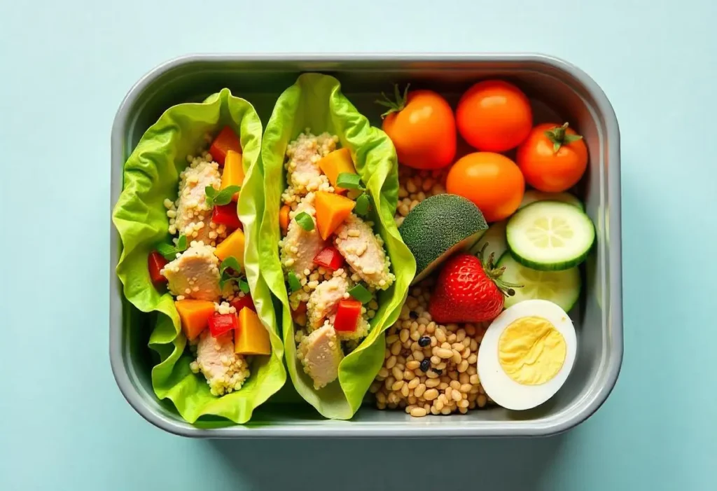 Packed diabetic lunch box with quinoa, turkey lettuce wraps, vegetables, and lentil soup