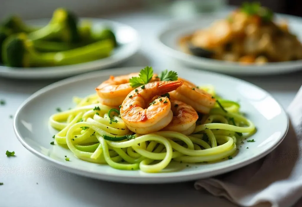 A vibrant low carb dinner plate with garlic butter shrimp on zucchini noodles, roasted broccoli, and asparagus, garnished with fresh herbs, set on a bright kitchen table.