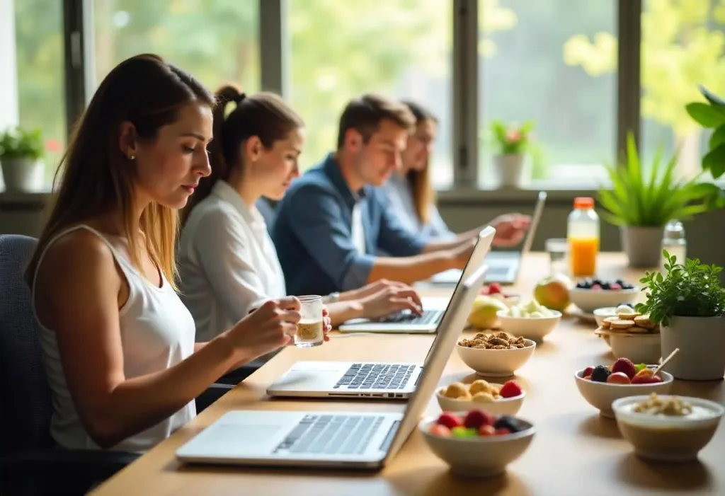 Office workers enjoying healthy snacks at their desks, including nuts, Greek yogurt with berries, avocado toast, fresh fruits, and vegetable sticks with hummus, in a bright modern workspace.