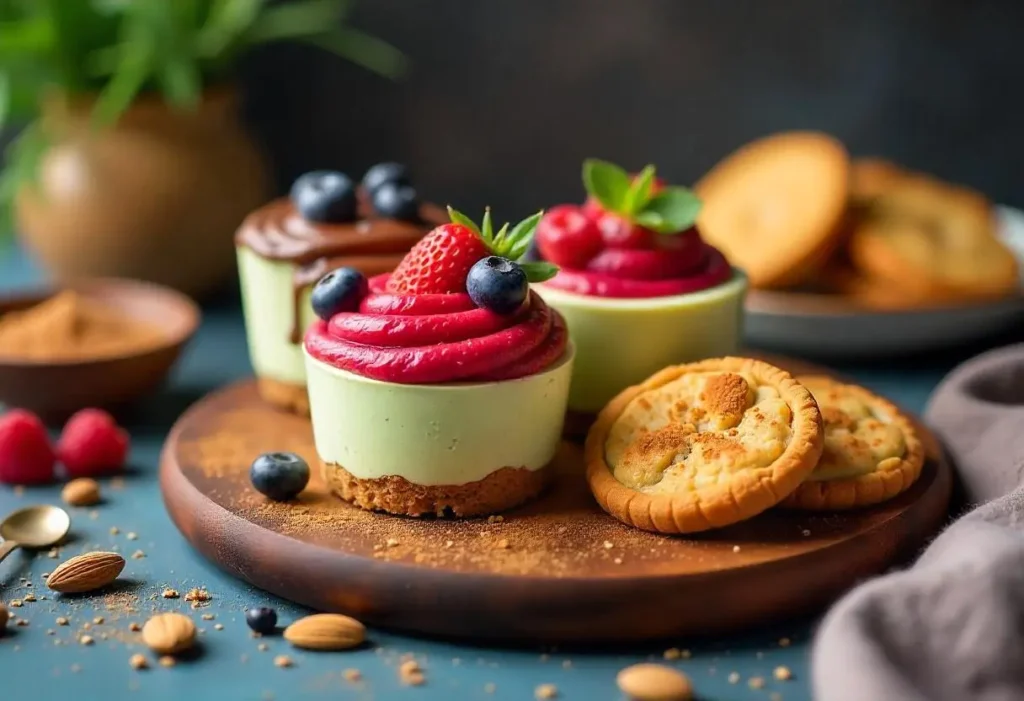 Diabetic-friendly desserts including berry cheesecake cups, chocolate avocado mousse, cinnamon baked apples, and almond flour cookies