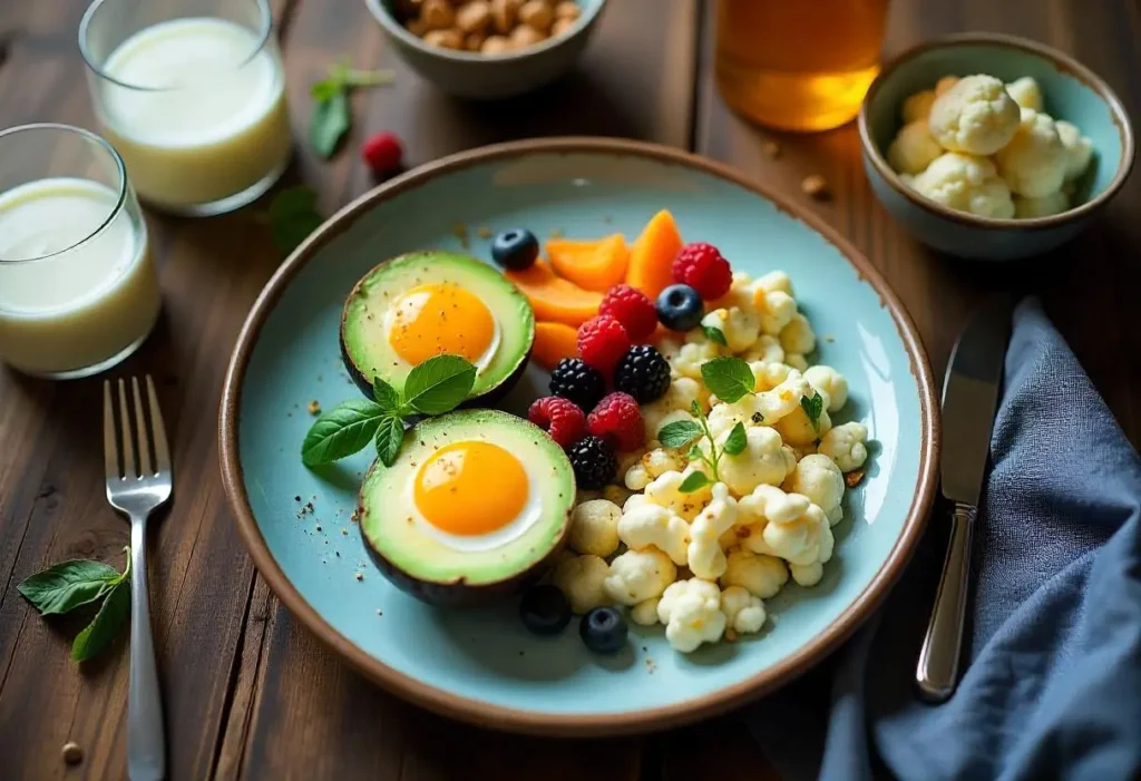 Low carb diabetic breakfast with avocado eggs, yogurt with berries, and cauliflower hash on a wooden table