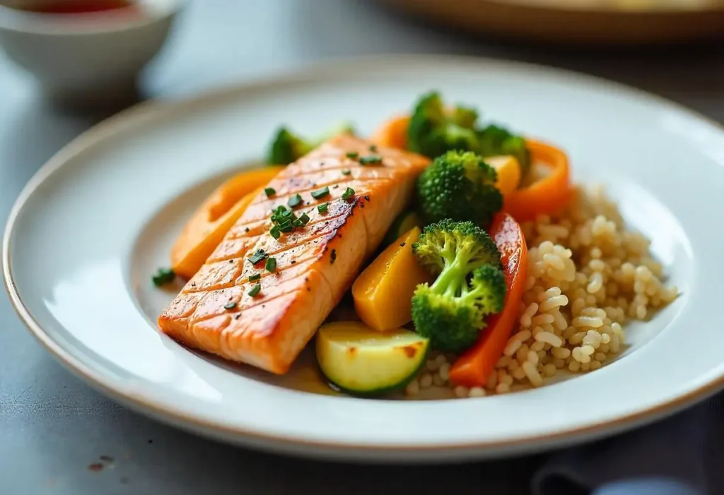 Diabetic-friendly dinner with grilled salmon, roasted vegetables, and brown rice on a white plate