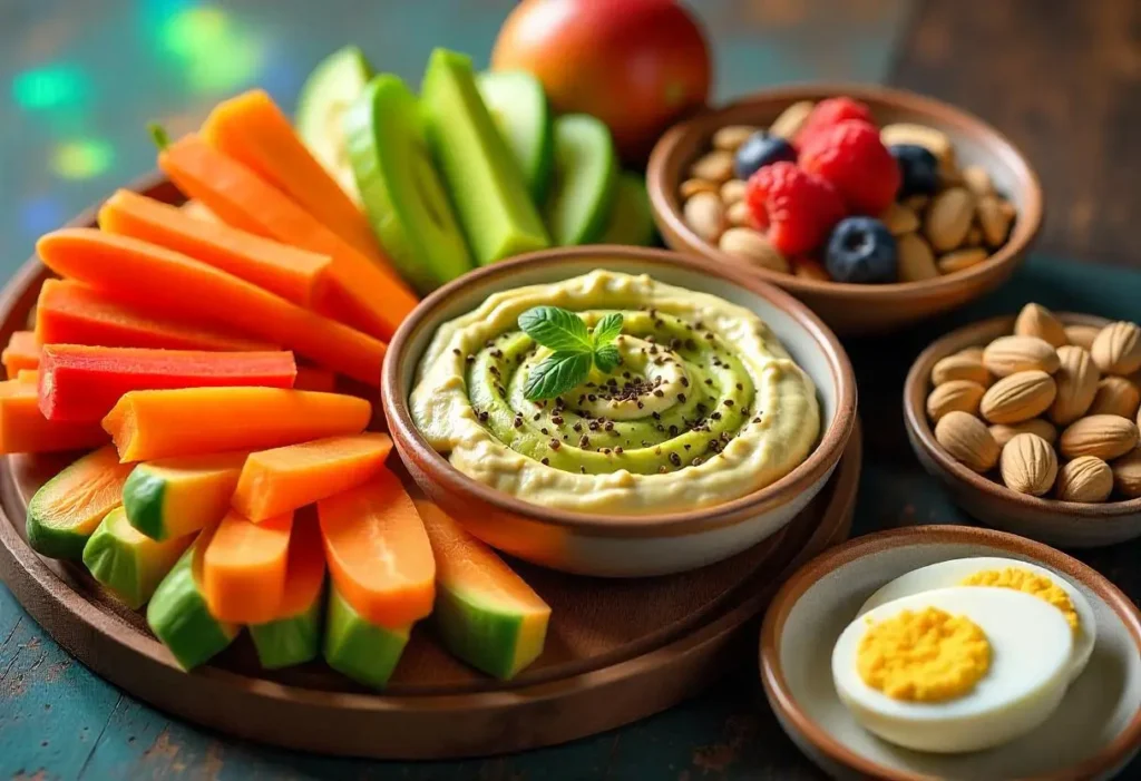 Healthy snack assortment with fresh vegetables, nuts, Greek yogurt with berries, avocado slices, and hard-boiled eggs on a wooden table.