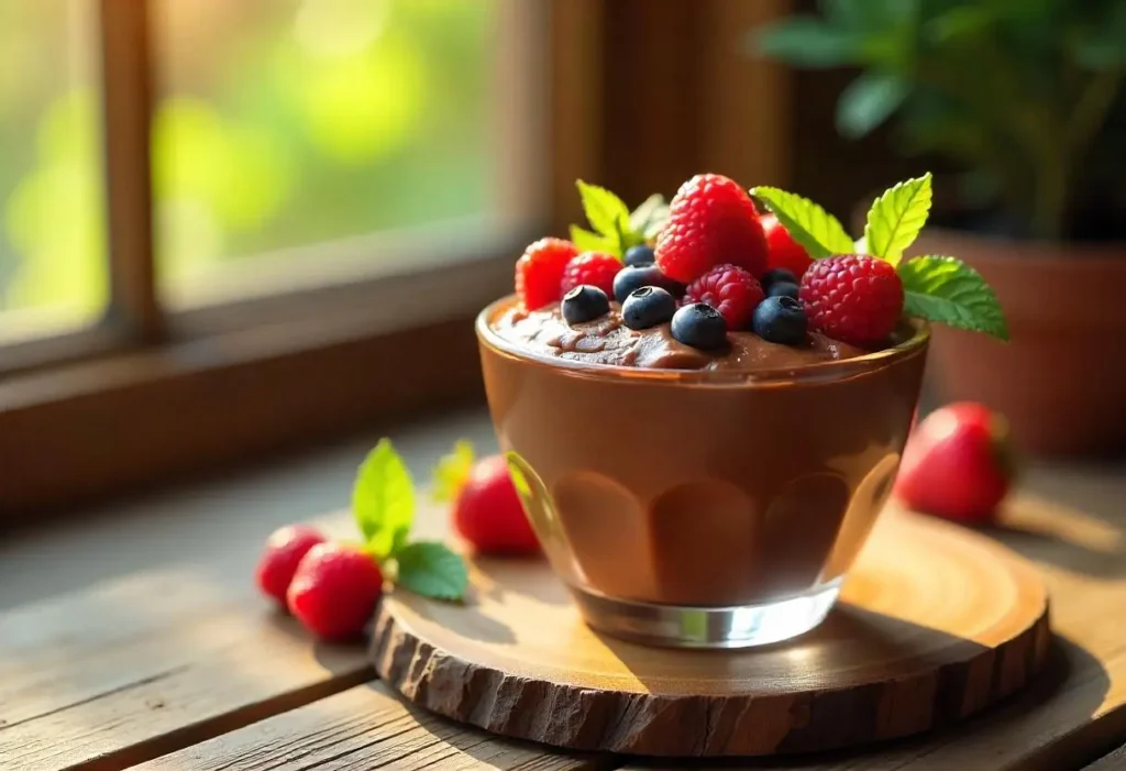 Chocolate avocado mousse dessert topped with fresh berries and mint on a rustic wooden table.