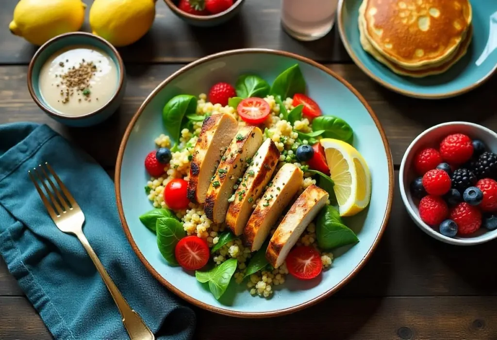 A colorful gluten-free diabetic-friendly meal with quinoa salad, grilled chicken, chia pudding, and almond flour pancakes on a rustic wooden table.