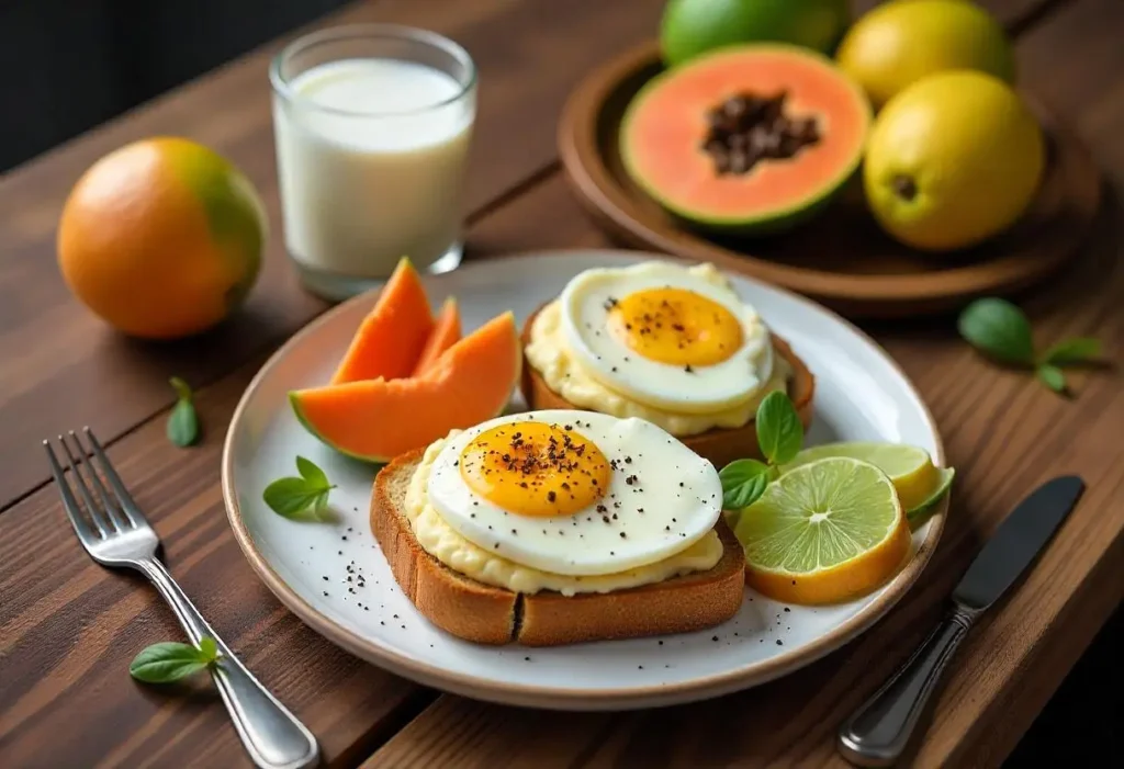 Diabetic-friendly Singaporean breakfast with kaya toast, soft-boiled eggs, soy milk, and tropical fruits.