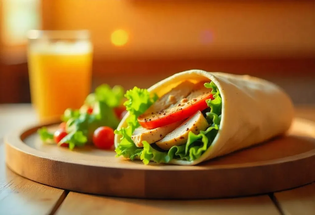 Diabetic-Friendly Fast Food Lunch with grilled chicken wrap, whole grains, fresh veggies, and avocado.