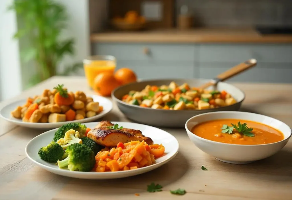 Healthy diabetic-friendly dinner options including a sheet pan meal with chicken, broccoli, cauliflower, a stir-fry with tofu and vegetables, and a bowl of lentil soup, set in a modern kitchen