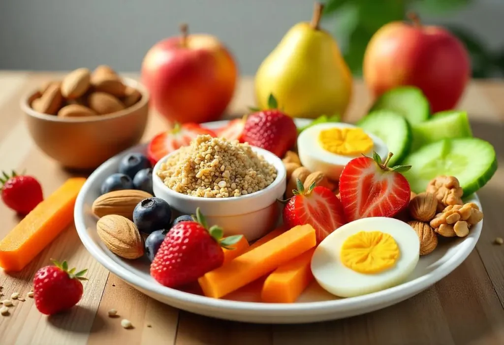 A collection of healthy, blood sugar-friendly snacks including fruits, nuts, yogurt, and vegetables on a wooden table.