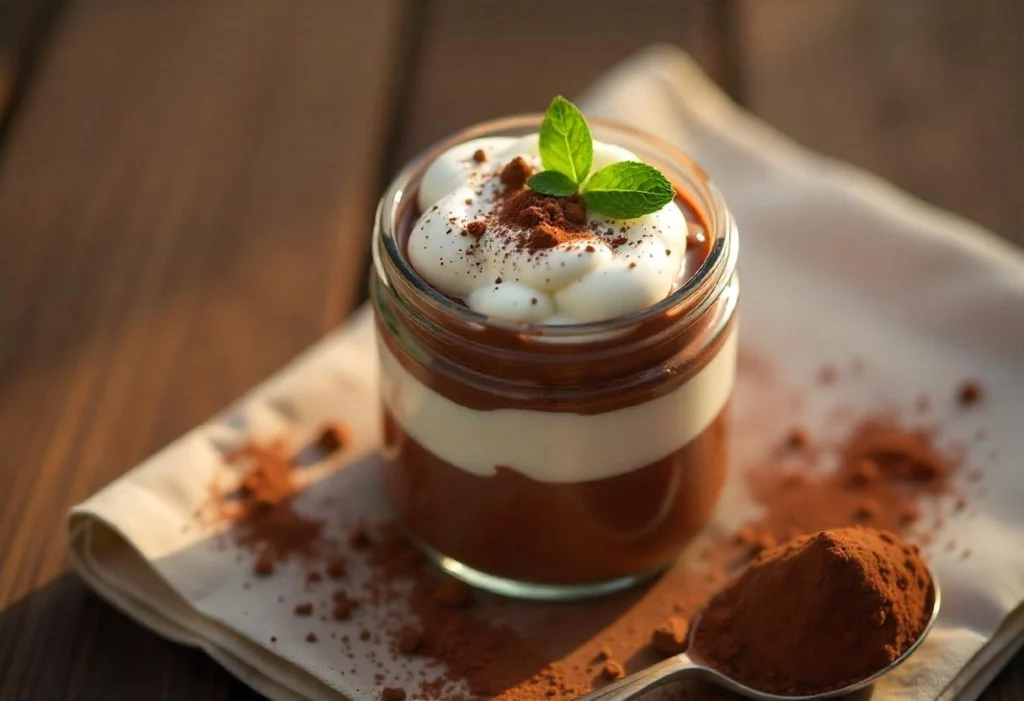 A glass jar filled with sugar-free Greek yogurt chocolate mousse, topped with fresh raspberries and mint.