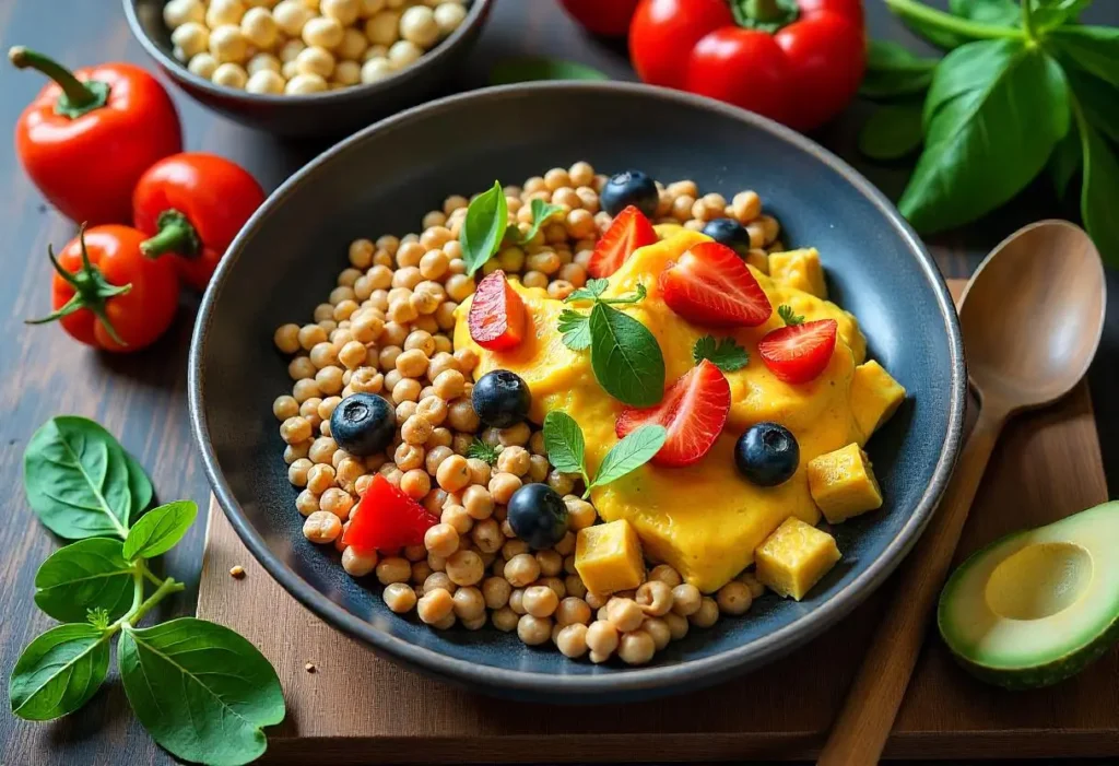 Lavorful & Nutritious Vegetarian Diabetic Recipes You’ll Love 2 Colorful flat lay of vegetarian diabetic meals including chia pudding, tofu scramble, lentil curry, and stuffed peppers.