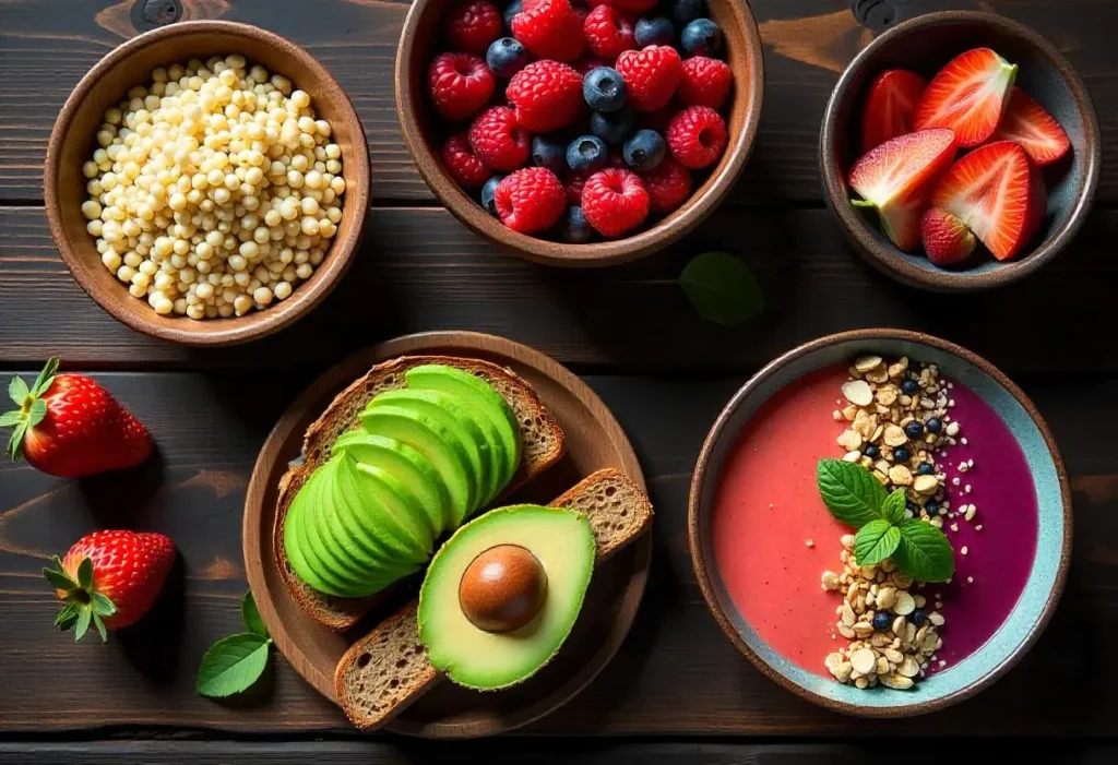 High-Fiber Meals: 10+ Delicious Recipes for Better Digestion and Fullness 1 A wooden table with high-fiber foods including quinoa, lentils, berries, avocado toast, and a smoothie bowl.