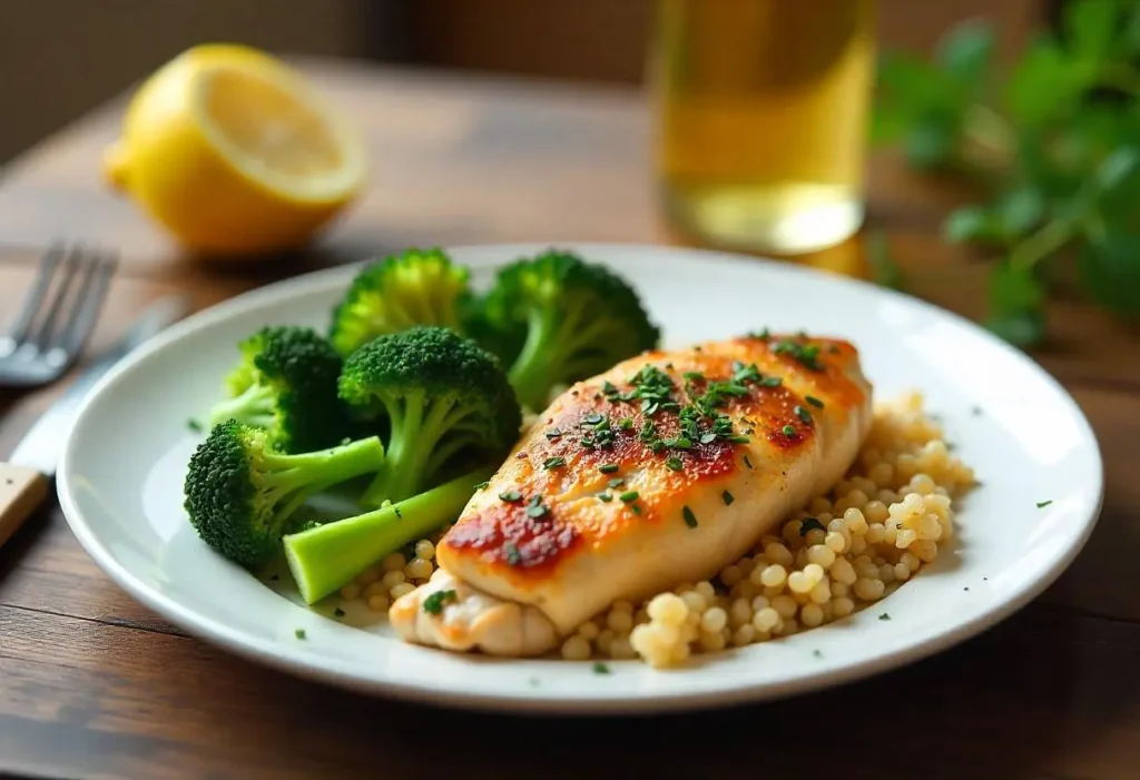 Delicious Diabetic-Friendly Dinner Plate for Type 2 Diabetes – Healthy Meal Ideas to Manage Blood Sugar 1 A healthy, balanced diabetic-friendly dinner plate featuring herb-roasted chicken, steamed broccoli, and quinoa with a glass of water and lemon slice.