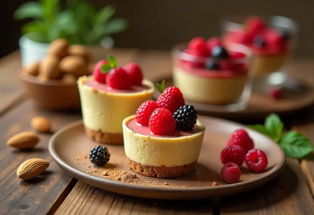 A display of diabetic-friendly desserts including berry cheesecake cups, chocolate avocado mousse, almond flour cookies, and low-carb chocolate truffles on a rustic wooden table.