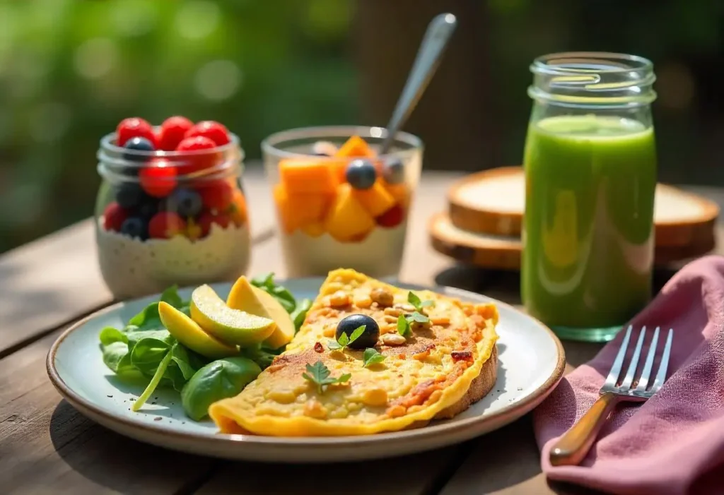 Diabetic-friendly breakfast with overnight oats, Greek yogurt parfait, veggie omelet, avocado toast, and a green smoothie on a rustic table.