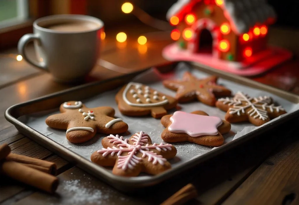 Diabetic-friendly gingerbread cookies decorated with sugar-free icing on a festive holiday plate.