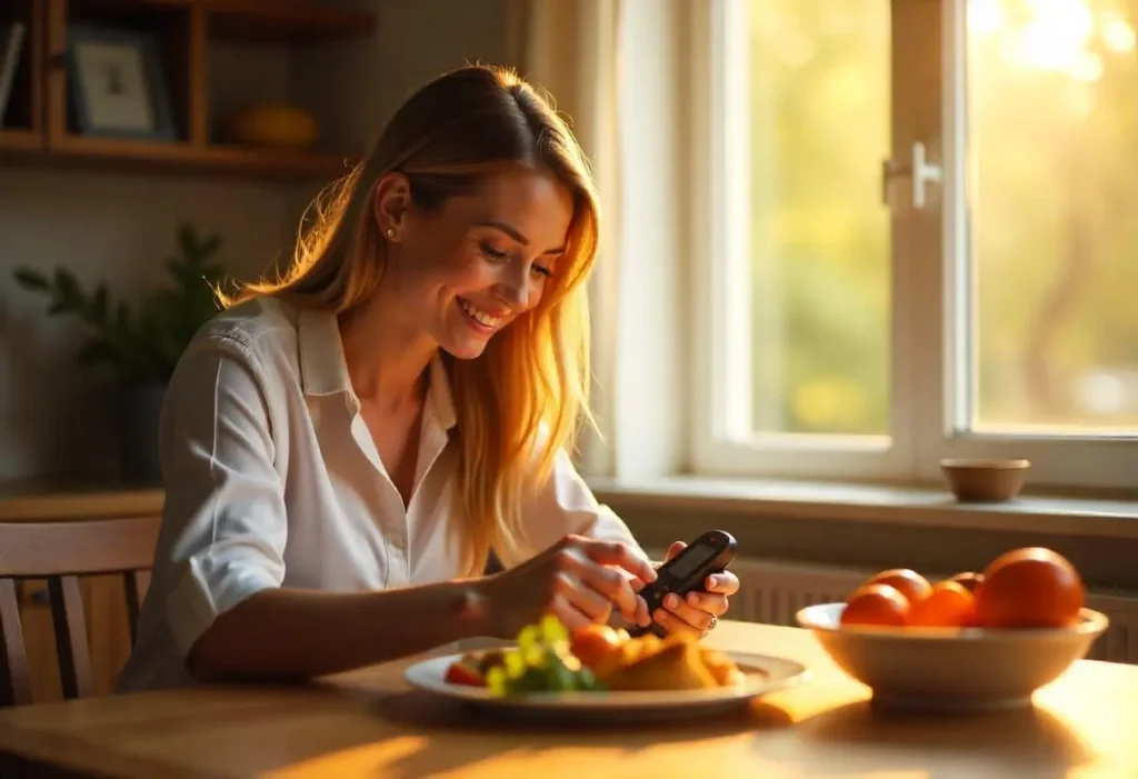 Person checking blood sugar with glucometer next to a healthy meal at home.