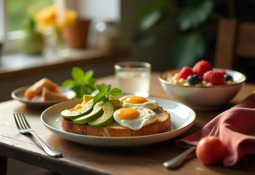 Diabetic-friendly UK breakfast with whole grain toast, avocado, poached eggs, and porridge topped with berries.
