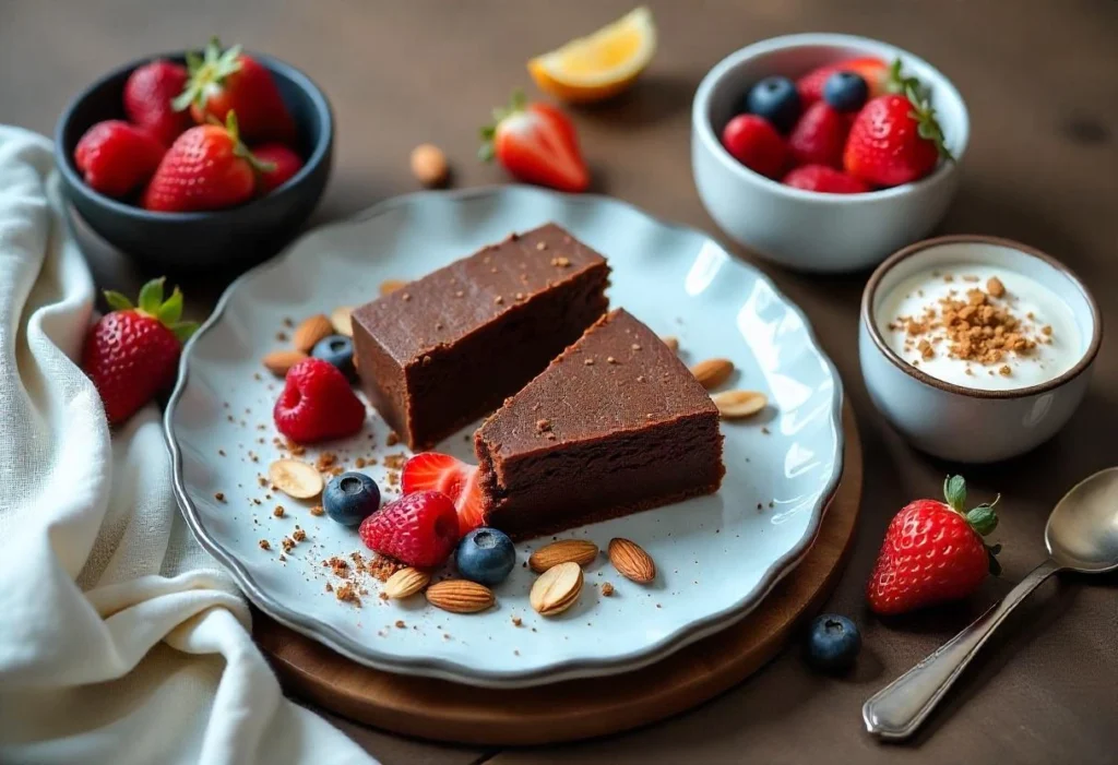 A selection of diabetes-friendly desserts including sugar-free chocolate cake, almond flour cookies, berries with yogurt, and dark chocolate squares on a rustic wooden table.