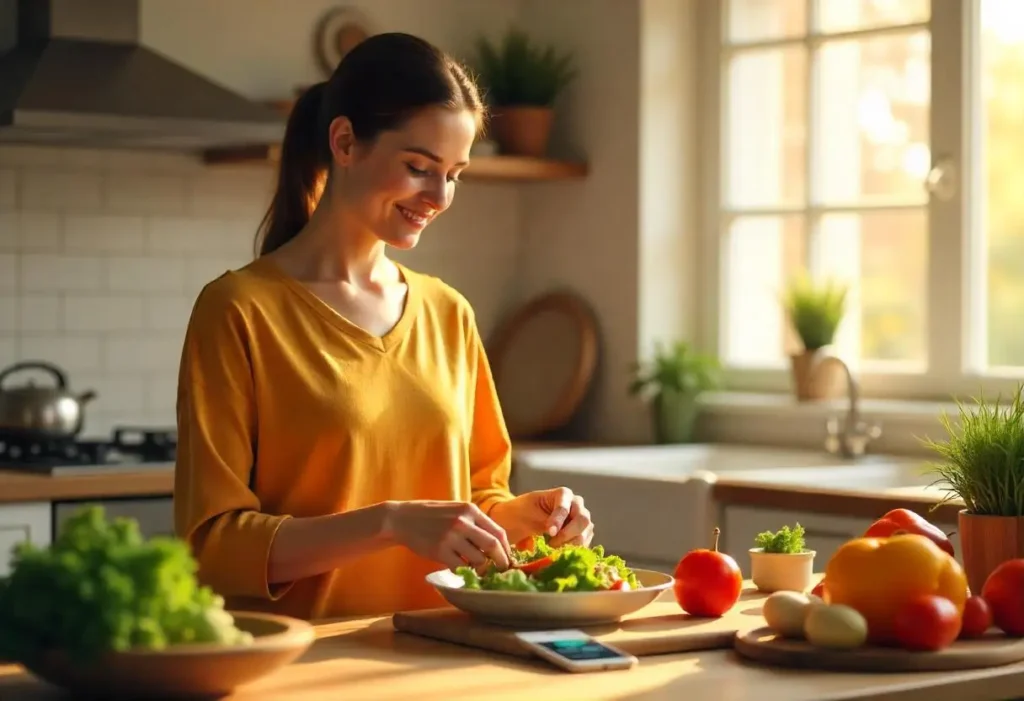 Snacks for High Blood Sugar: 10 Best Healthy Options to Stabilize Glucose for diabetics 1 Person managing diabetes in a bright kitchen, preparing a healthy meal with fresh vegetables and whole grains, with a smartphone showing a glucose monitoring app. Snacks for High Blood Sugar