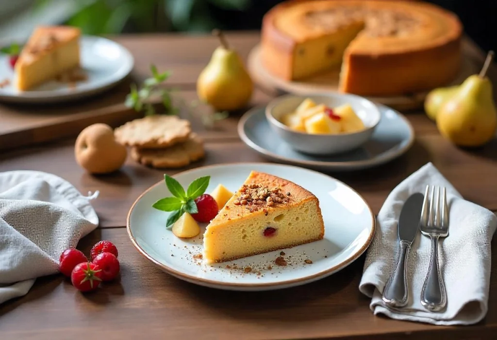 A selection of diabetes-friendly British desserts including Victoria sponge cake, baked apples, chia pudding, and poached pears, arranged on a rustic wooden table.