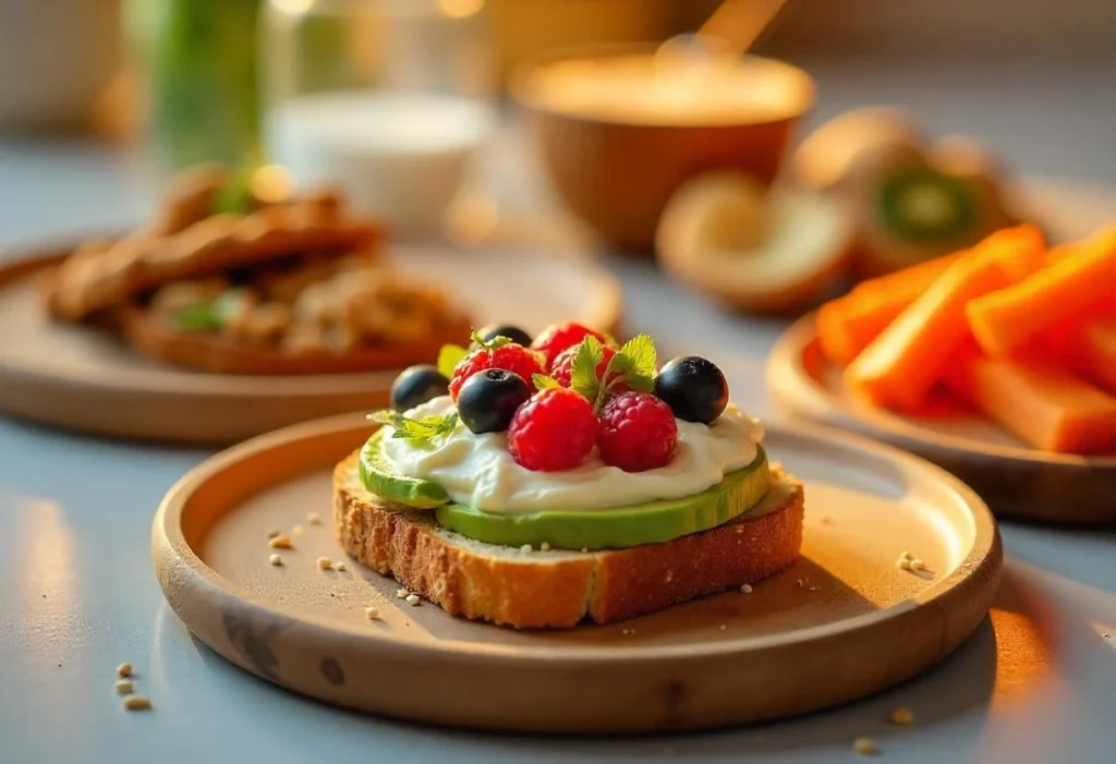 A variety of diabetic-friendly snacks for blood sugar management, including nuts, Greek yogurt with berries, avocado toast, hummus with vegetable sticks, and whole grain crackers arranged on a wooden table.