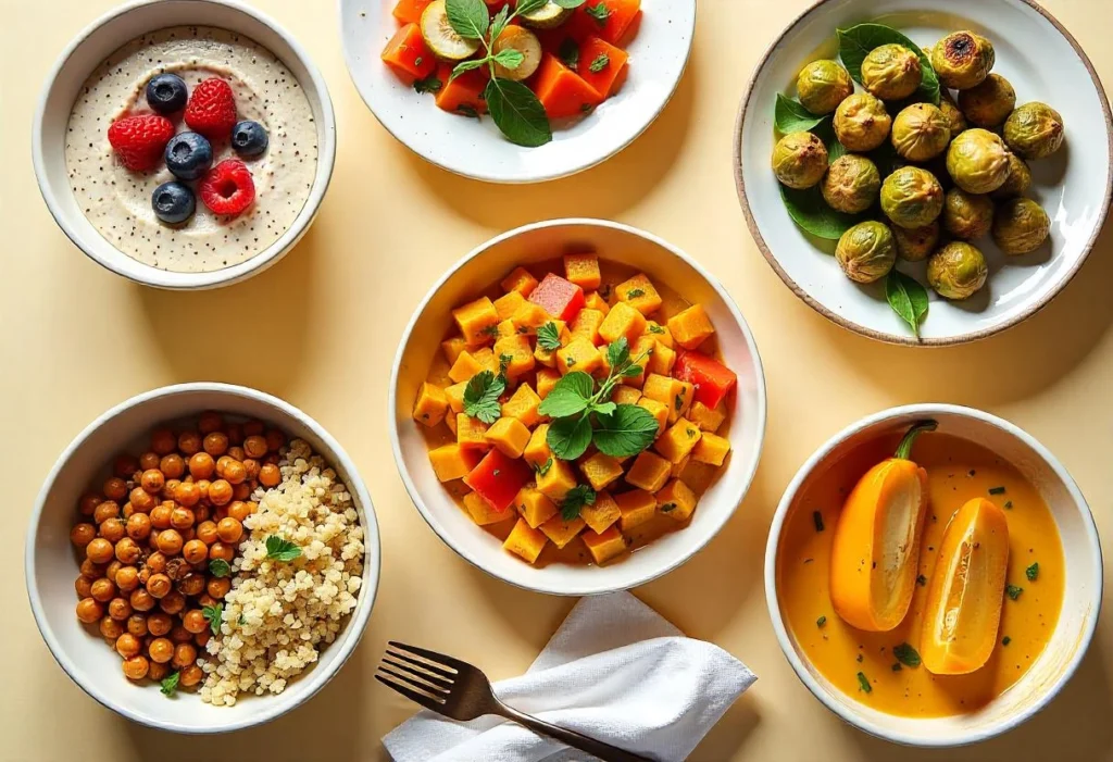 A vibrant flat lay of healthy vegetarian diabetic meals, including chia seed pudding, tofu scramble, lentil curry, stuffed bell peppers with quinoa, roasted Brussels sprouts, and Mediterranean chickpea salad.