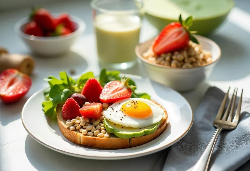 A healthy and energizing breakfast spread with oatmeal, avocado toast, Greek yogurt with berries, and a green smoothie bowl, designed for managing diabetes and cholesterol.