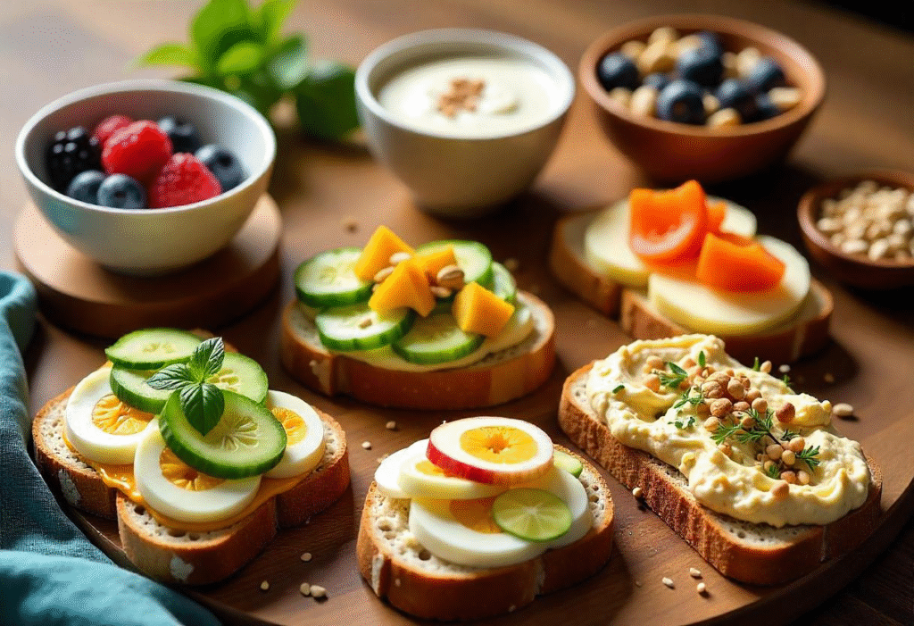 A variety of blood sugar-friendly snacks arranged on a wooden table, including Greek yogurt with berries, mixed nuts and seeds, avocado toast on whole grain bread, apple slices with almond butter, hard-boiled eggs with vegetables, hummus with cucumber and bell peppers, and chia seed pudding with fruits and nuts.